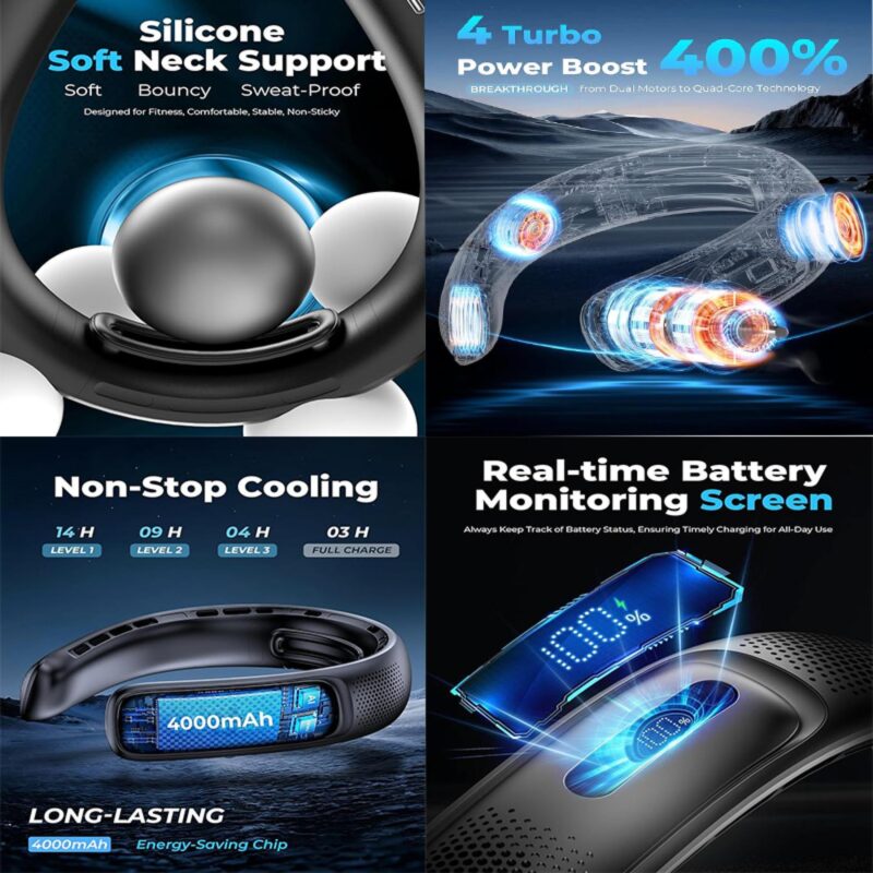 Portable Four Motor Foldable USB Charging Hanging Neck Fan With LED Battery Display - 1