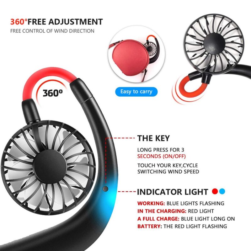 Portable Neck Fan 1200 mAh Rechargeable USB Hands-Free - 3