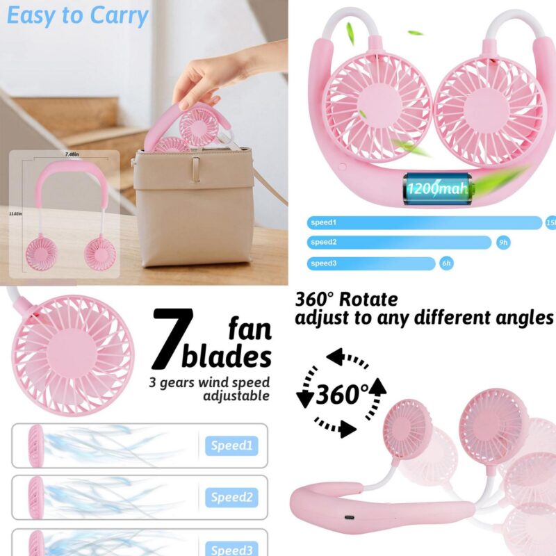 Portable Neck Fan 1200 mAh Rechargeable USB Hands-Free - 4